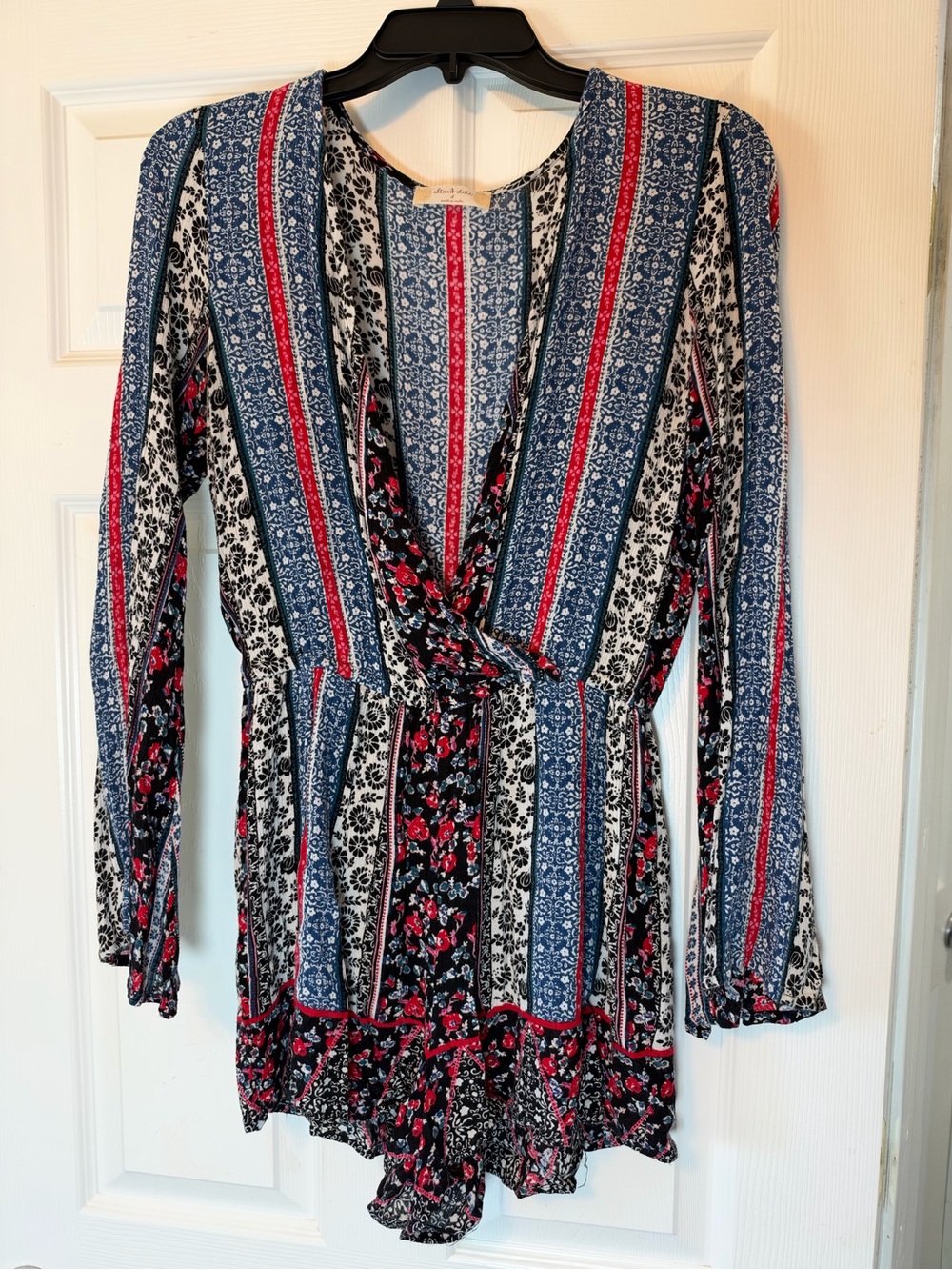 Altar'd State Blue & Red Printed Long-Sleeve Romper